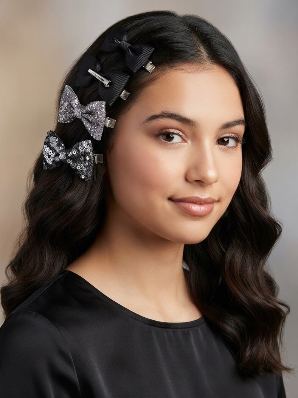 Princess Accessories 8pc Glitter Sequin Grosgrain Bow Hair Clip Set Black Silver